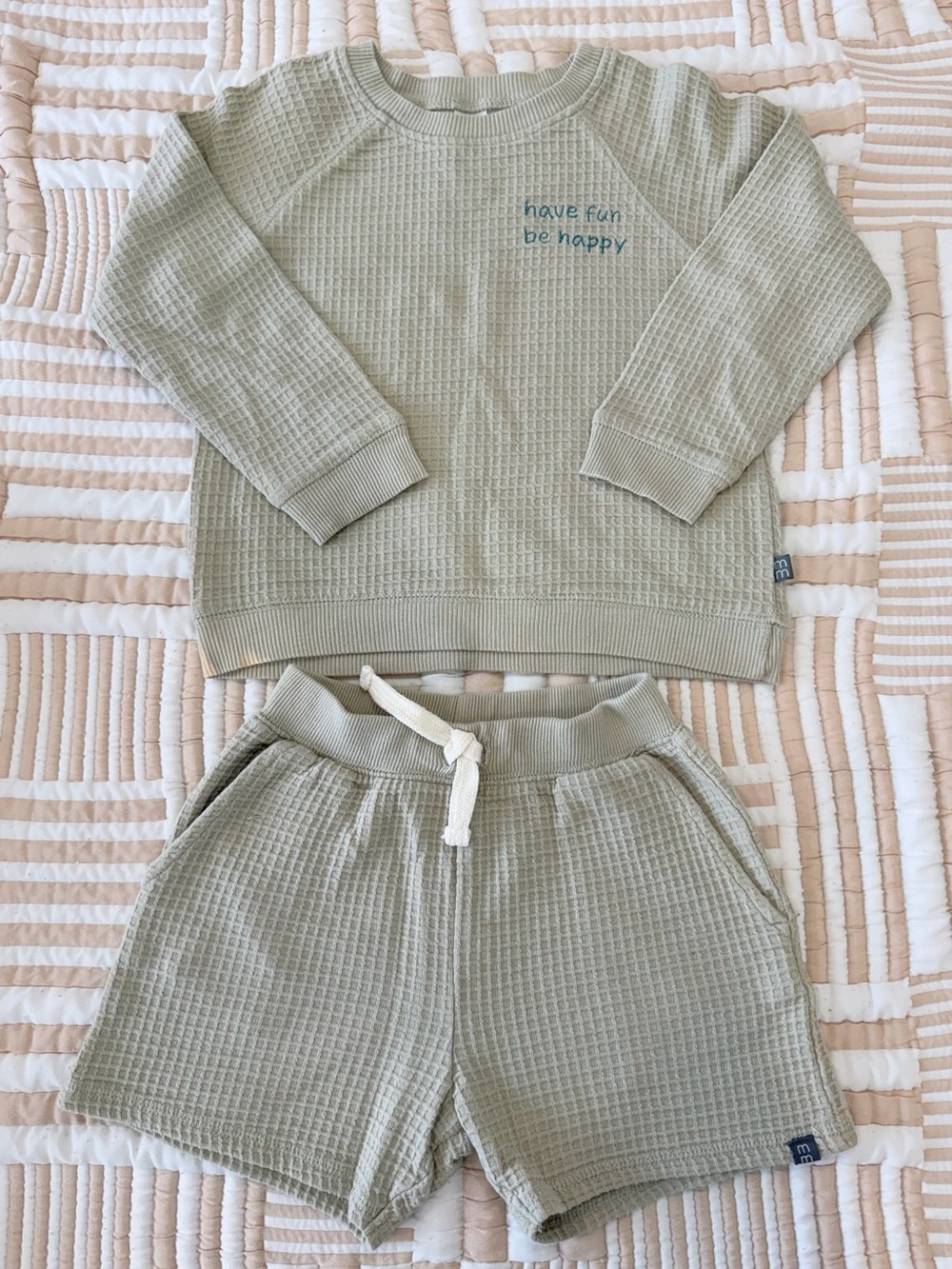 Kids Waffle Pajama Set - Sage Green Have Fun Be Happy